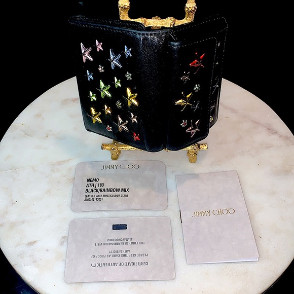 JIMMY CHOO NEMO BLACK RAINBOW STAR MIX TRIFOLD WALLET RARE LEATHER - Picture 8 of 15